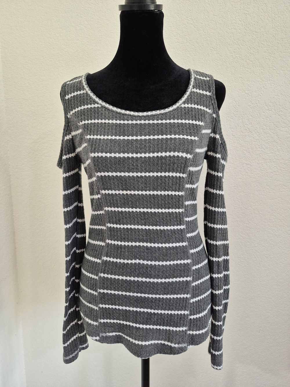 Gray & White Striped Cold-Shoulder Sweater
